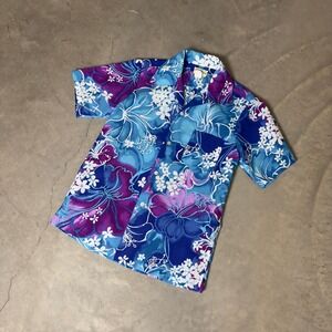 Vintage Hukilau Fashions Hawaiian Shirt Mens S Blue Purple Floral Aloha Tropical